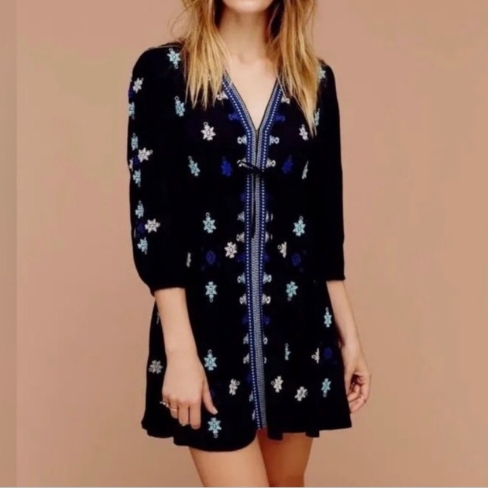 Free People Stargazer Embroidered V-Neck 3/4 Sleeve Mini Dress
